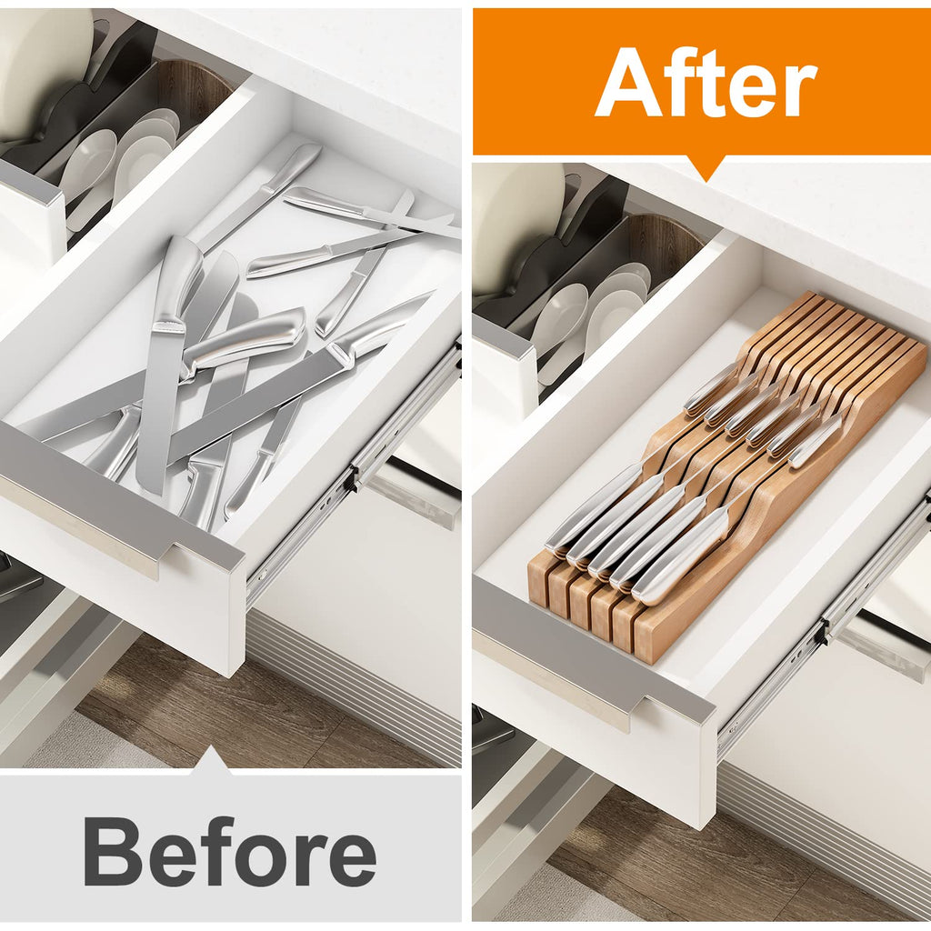 In-Drawer Knife Block Organizer - Bamboo Wood Drawer Knife Organizer-Protecting Knife Organizer Block (Not Included)