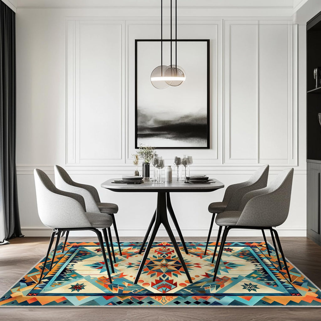 Aztec Rug Western Area Rug Southwestern Tribal Orange Blue Bedroom Ultra-Thin Soft Low Pile Large Carpet Living