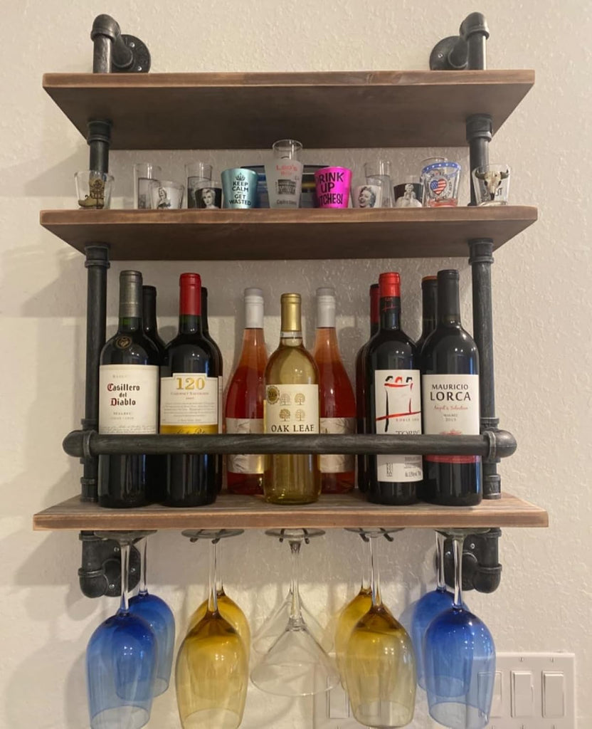 Floating Bar Shelves,Wine Rack Wall Mounted,Wine Glass Holder Wood Shelf | Industrial Pipe,Solid Pine Wood,Easy to