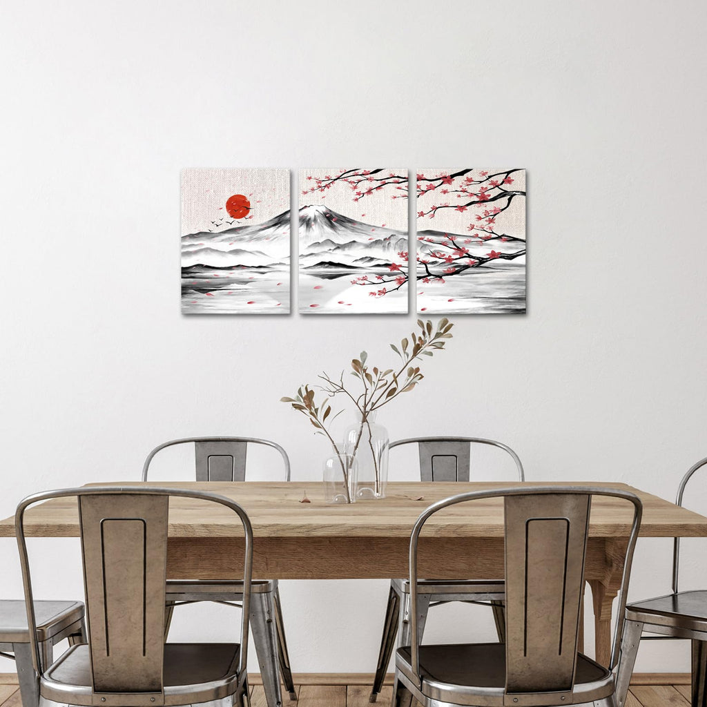 3 Pieces Japanese Cherry Blossom Mount Fuji Canvas Wall Art Black White Pink Floral Wash Painting Wall Decor Bedroom