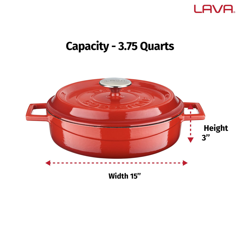 3.7 Quart Enameled Cast Iron Braiser: Multipurpose Stylish Red Round Dutch Oven Pot with Enameled Black Interior and