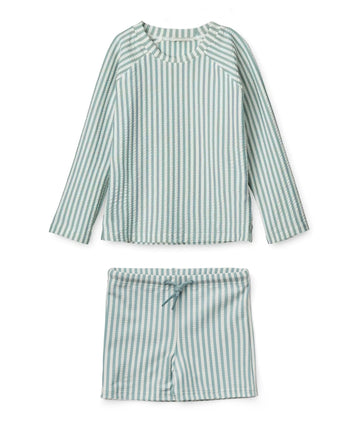 Toddler Boys Two Piece Swimsuit Rash Guard Set Long Sleeve Swim Shirt Swim Trunks& Shorts Blue Seersucker Bathing Suit