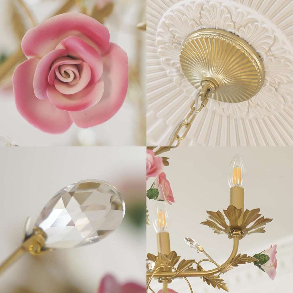 Gold Wrought Iron Floral Chandelier with Pink Ceramic Roses & Crystals, 6-Light French Country Candle Fixture