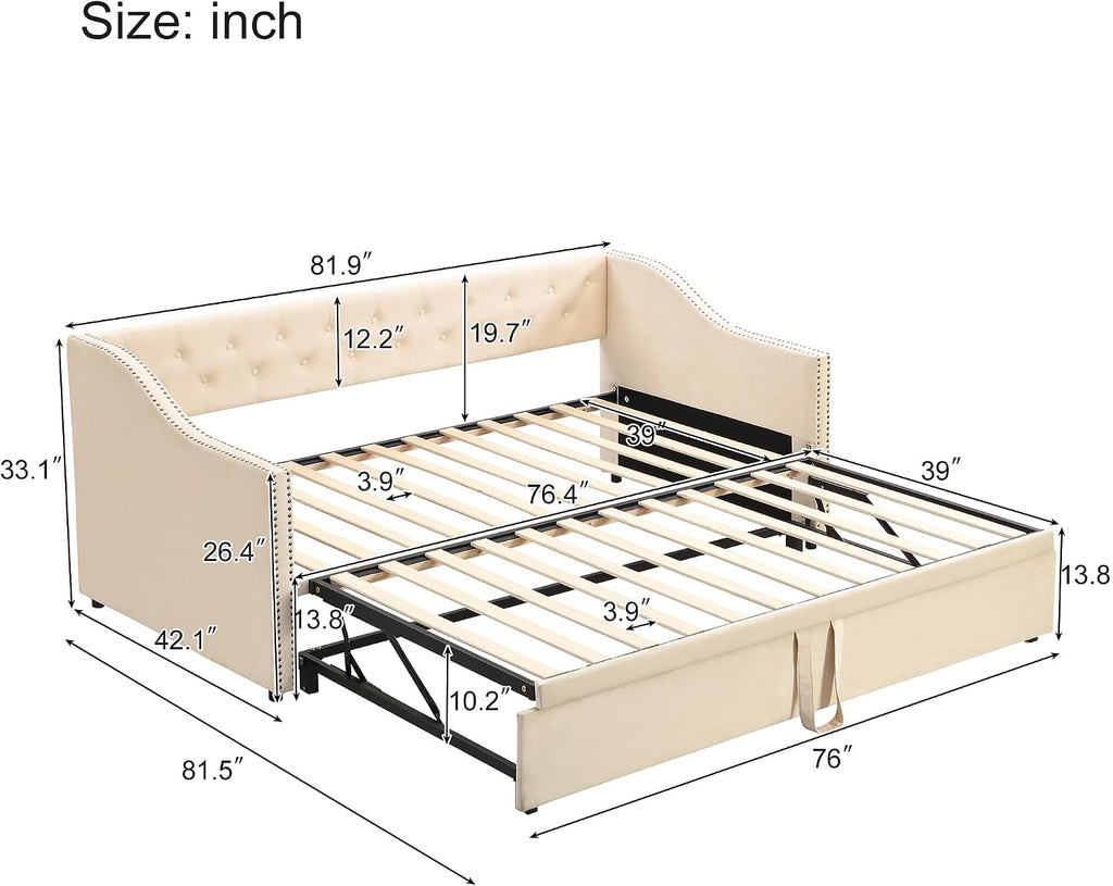 Twin Size Upholstered Velvet Daybed with Pop Up Trundle, Multi-Functional Sofa Bed with Backrest and Two Armrest for