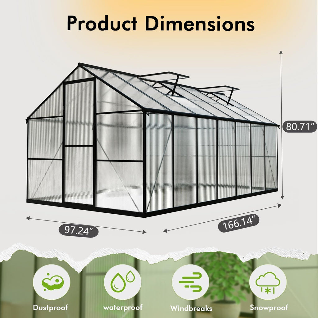 8X14FT Green House with Thermometers, Large Aluminum Greenhouse for Outdoor