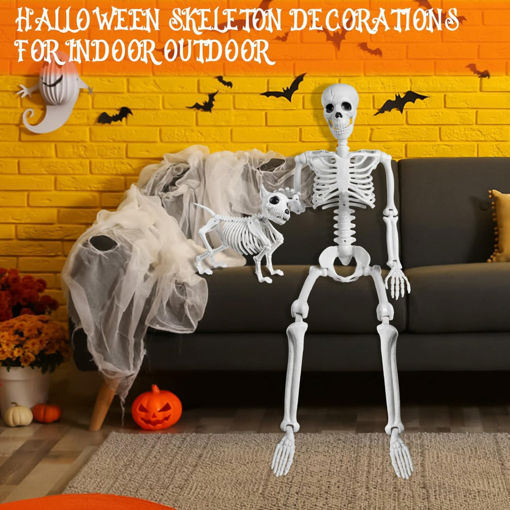 FT Human Skeleton Halloween Decor with Dog Skeleton, Posable Skeletons Decoration with Movable Joints, Full Body - Set of 2