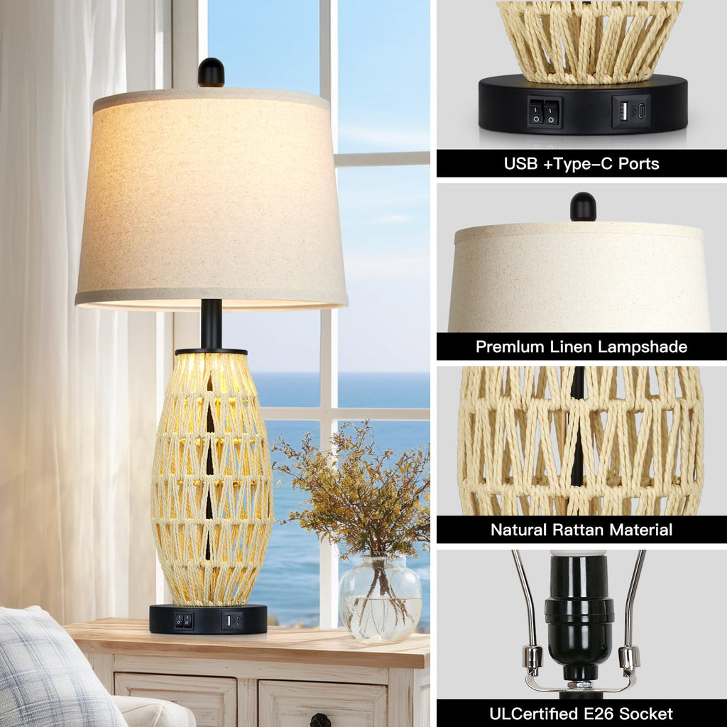 27" Beige Boho Rattan Table Lamps with Night Light, Natural Bedroom Lamps Set of 2 with USB A+C Charging Ports