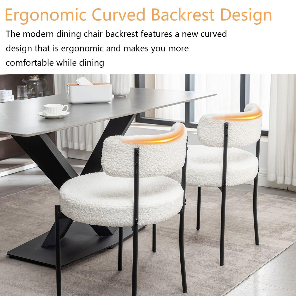 White Boucle Set of 4, Upholstered Dining Room Chairs with Black Metal Legs, Round Modern Dining Chair