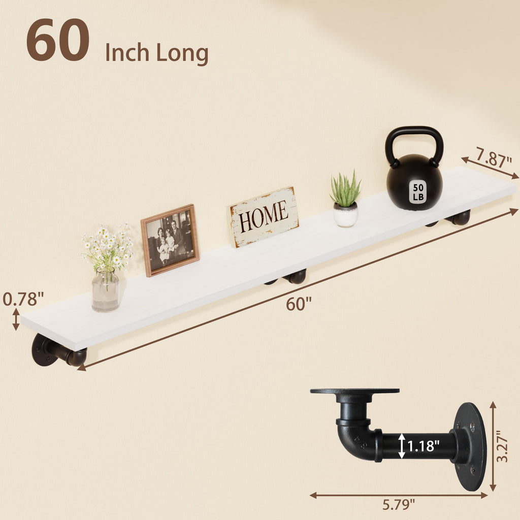 Industrial Pipe Shelving 60 Inch, 3-Tier White Wall Mounted Shelves