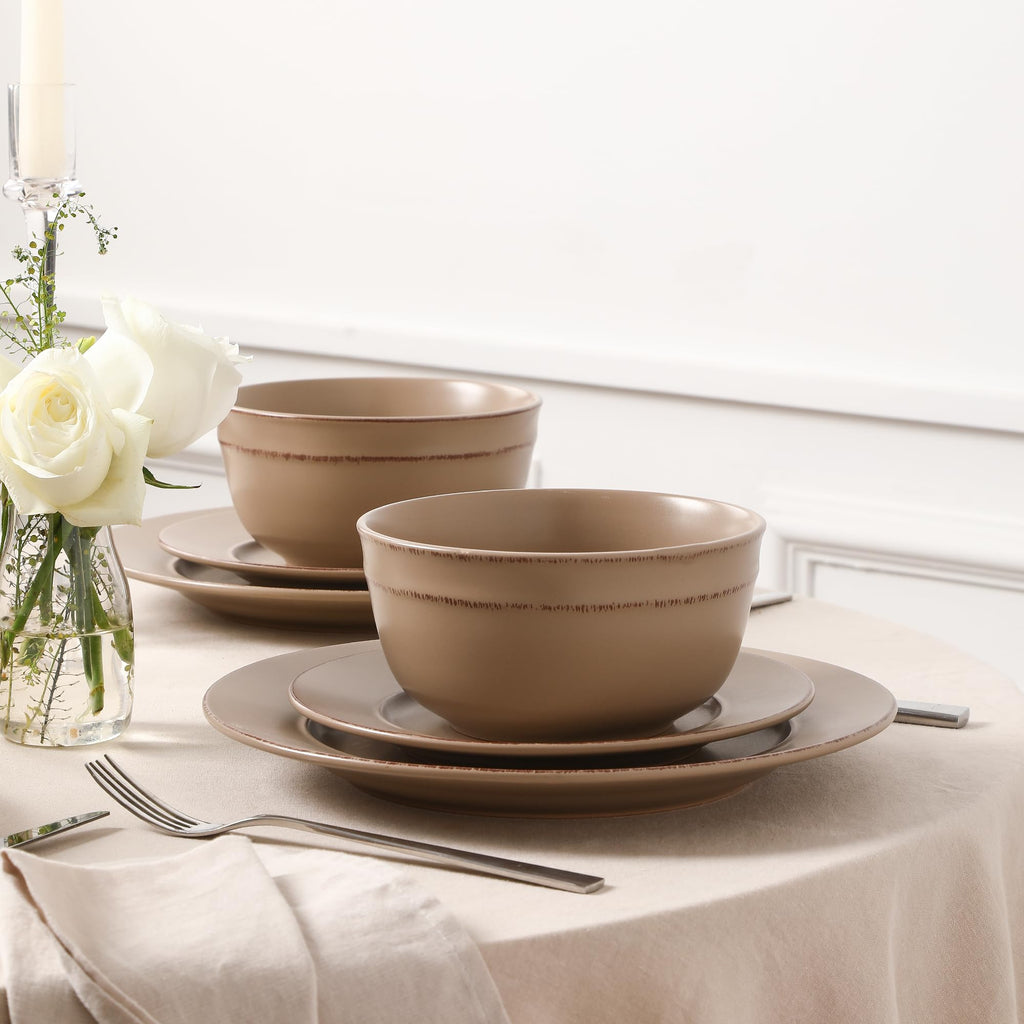 Hazel 24-Piece Stoneware Dinnerware Set, Plates and Bowls Set, Dishwasher and Microwave Safe, Dish Set for 8, Sand