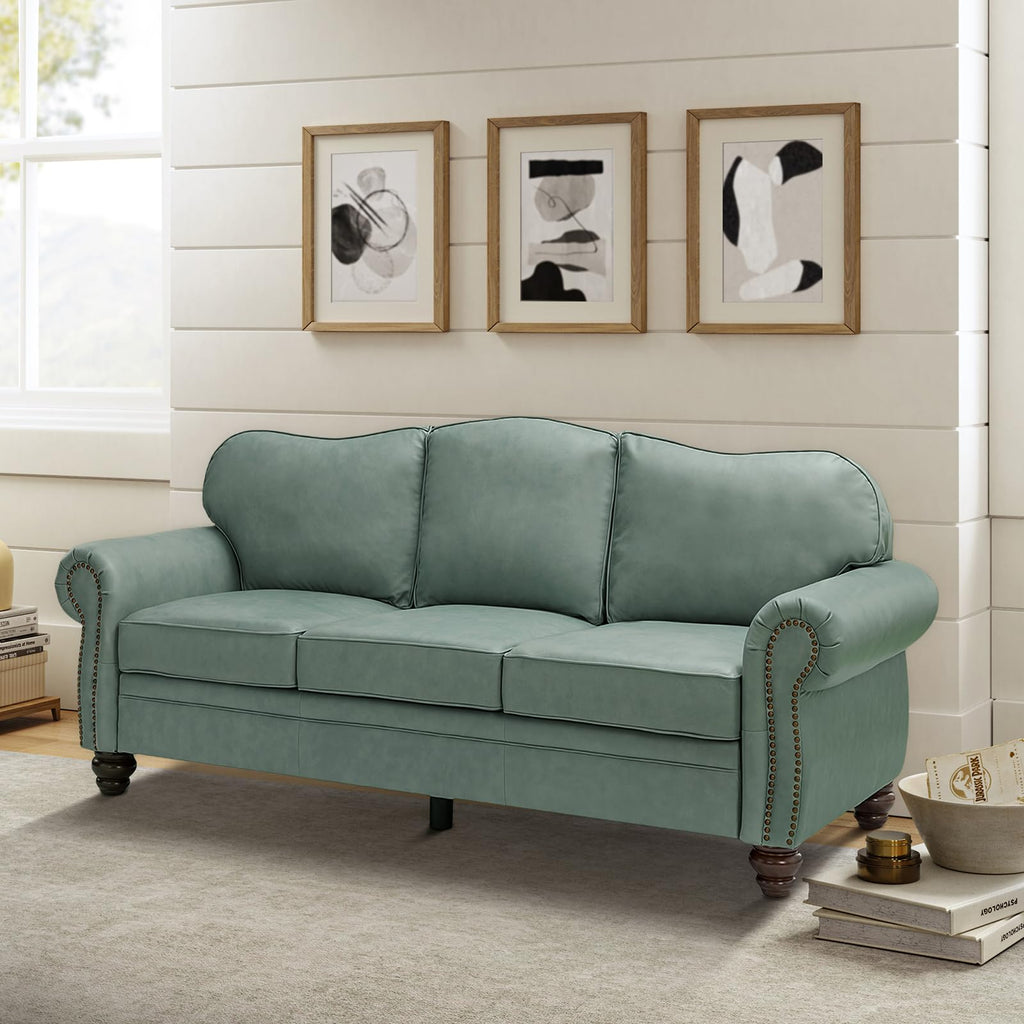 81" Genuine Leather Sofa, Classic 3-Seater Couchs with Wood Legs, Stylish & Comfortable Sofa, Easy Assembly and
