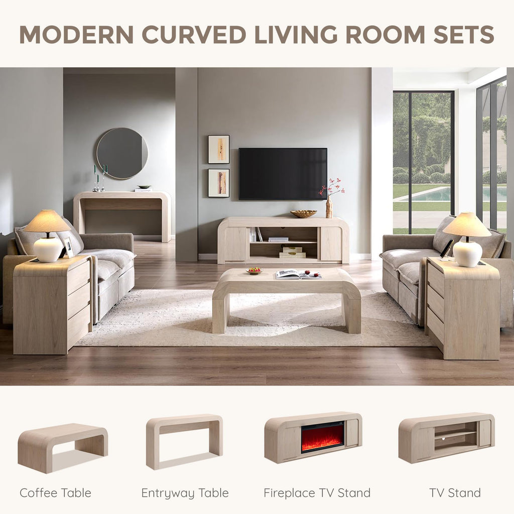 48" Modern Curved Coffee Table, Wood Minimalist Center Table, Cream