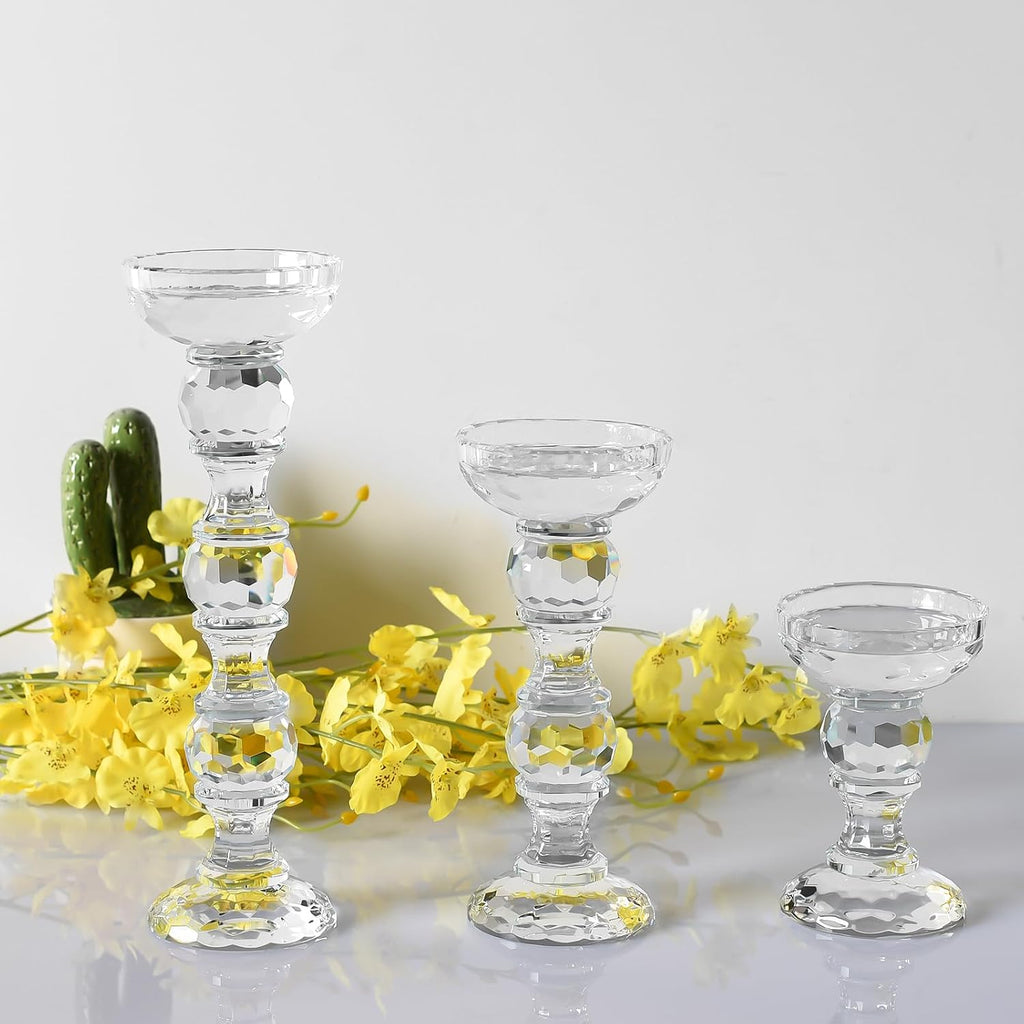 3-Piece Set of Crystal Candlestick,Clear Crystal Pillar Candles Holders,Family Living Room Wedding
