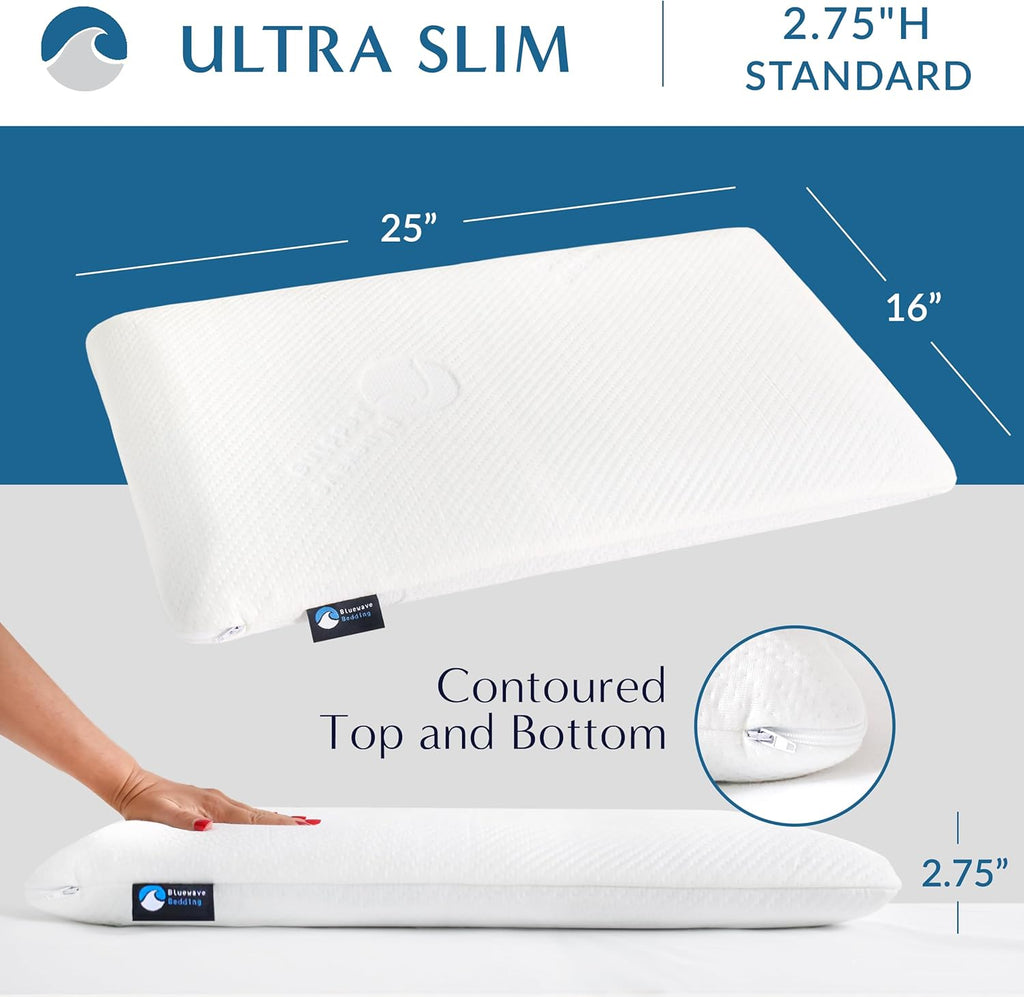 Bedding Ultra Slim Gel Memory Foam Pillow for Stomach and Back Sleepers - Thin, Flat Design for Cervical Neck
