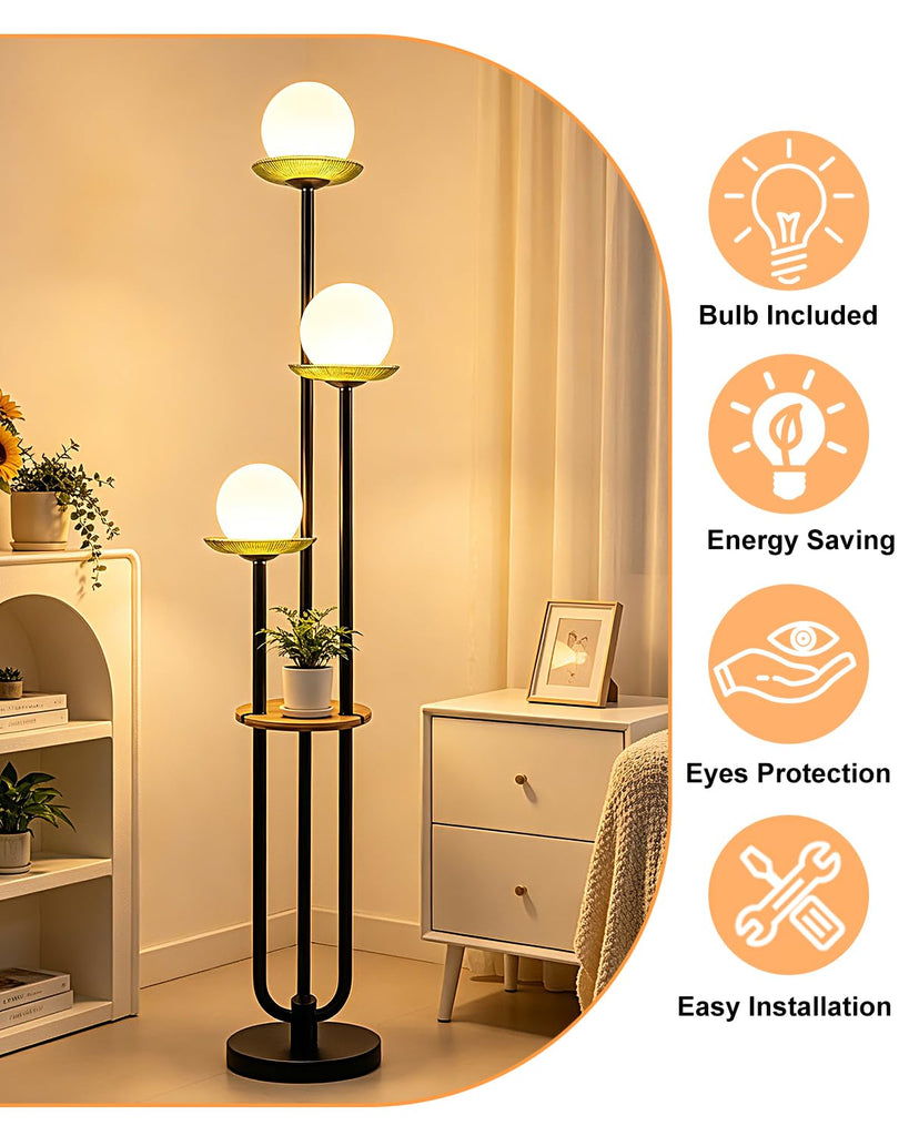 3-Globe Black Floor Lamp Dimmable with Green Glass Tray Tall Lamp