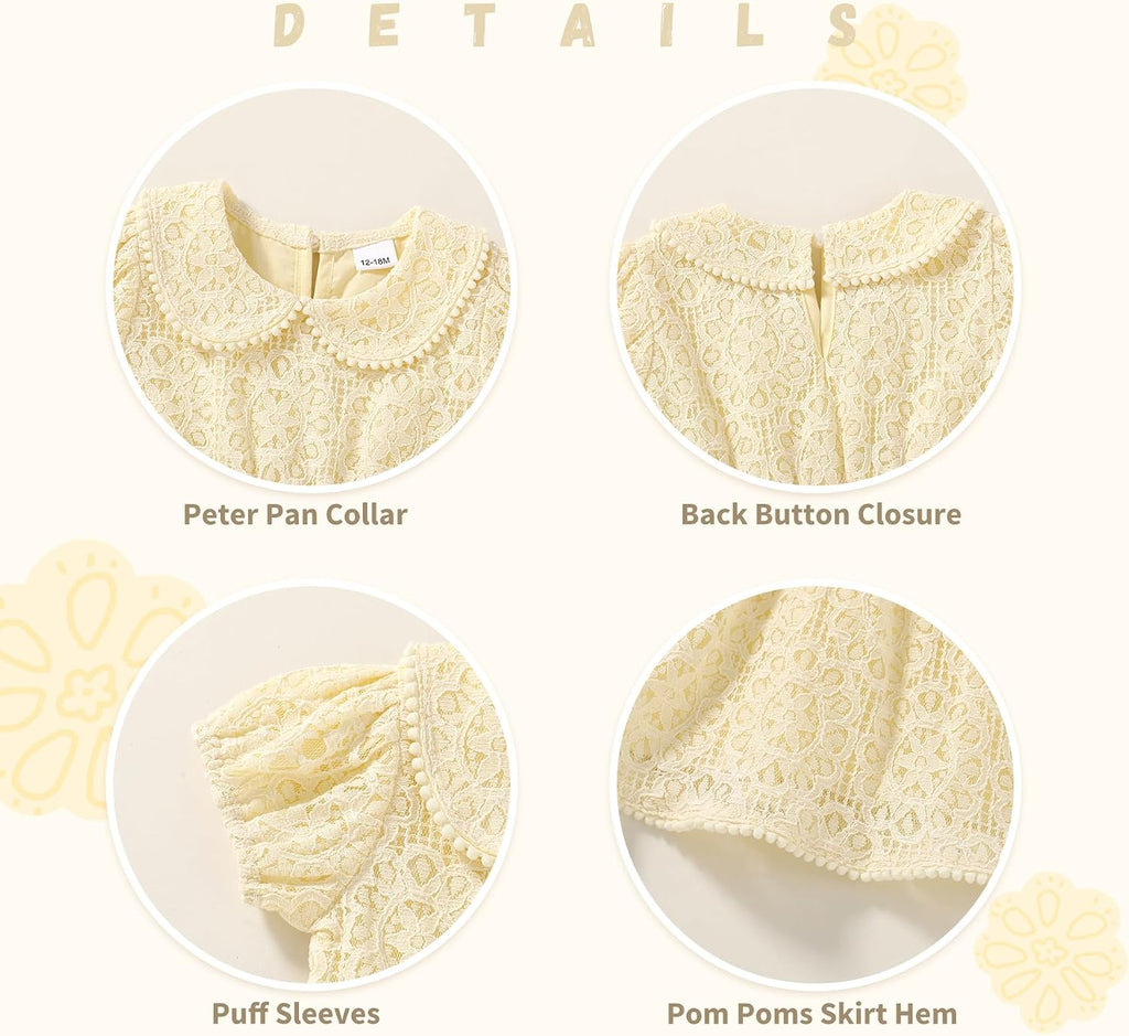 Toddler Girl Dress Elegant Lace Pom Pom Peter Pan Collar Party Princess Wedding Dresses