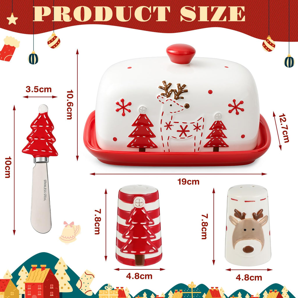 4 Pcs Christmas Dishes Set Include 1 Ceramic Elk Butter Dish with Lid 2 Salt and Pepper Shakers and 1 Christmas Tree