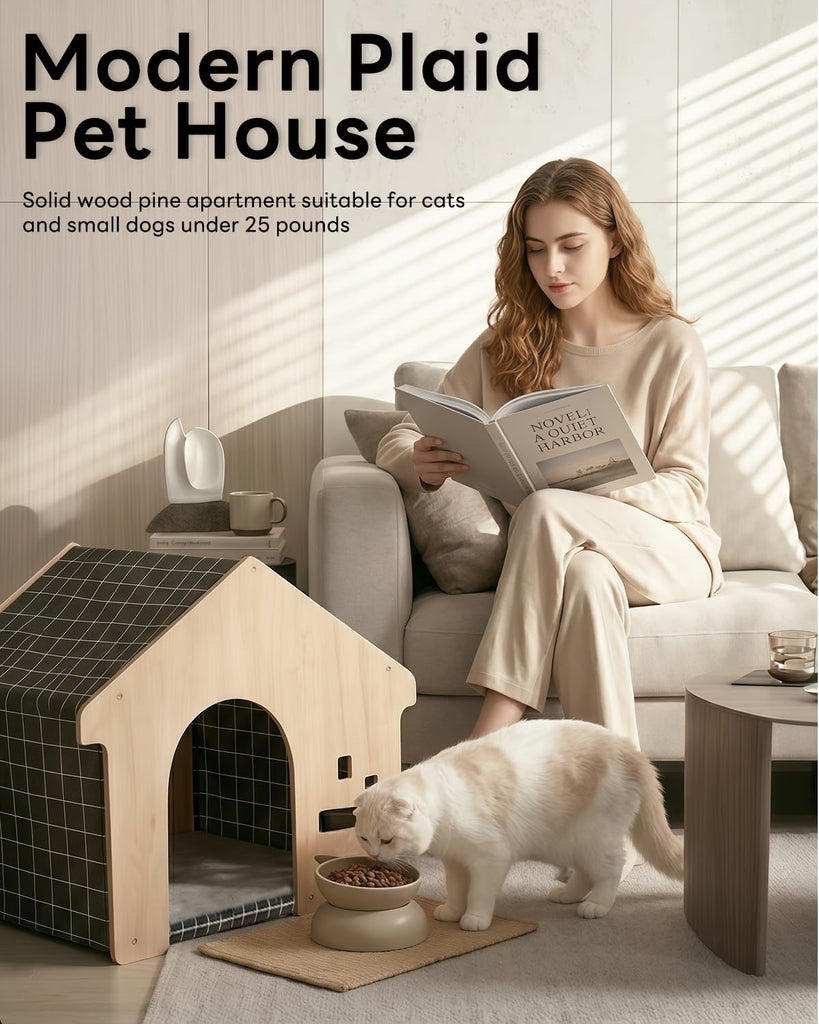 Indoor Dog House with Solid Pine Wood Frame, Furniture Style Cat House & Condos for Small Medium Dogs Cats Up to