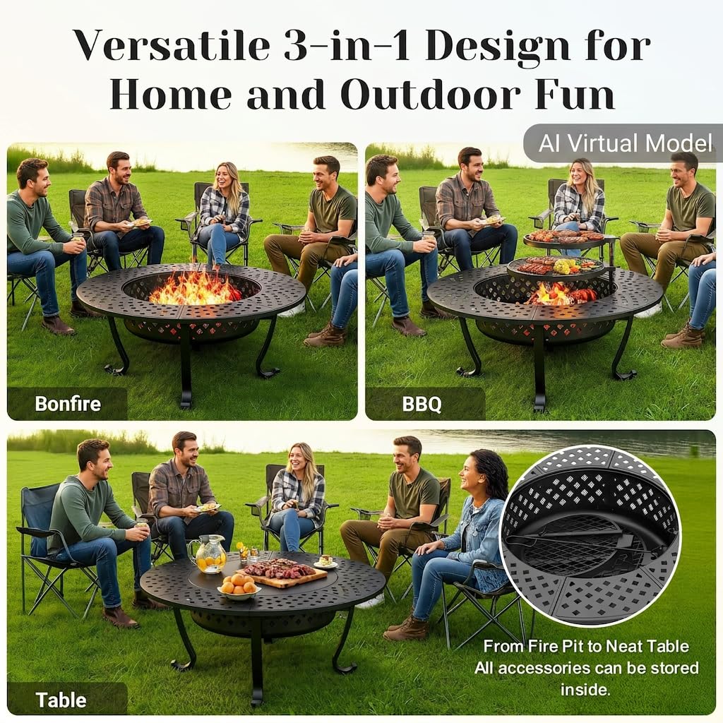 43" Fire Pit, Firepit with Adjustable 2 Grills & Lid & Fire Poker
