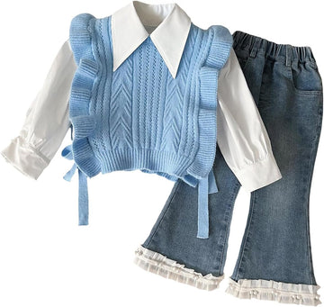Toddler Girl 3 Piece Set Long Sleeve Shirt with Lace Bow Knitted Vest & Denim Jeans Girls Clothing Sets Fall