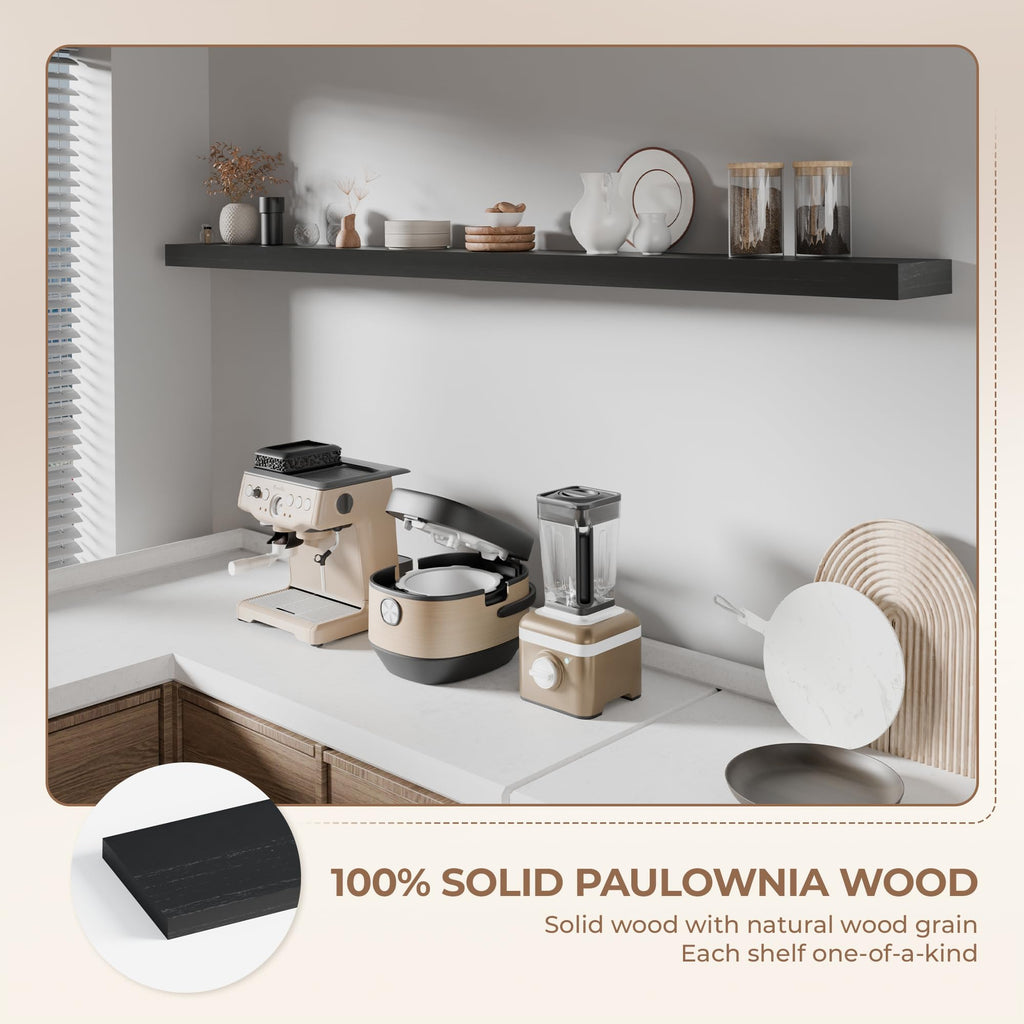 72 inch Long Floating Shelves for Wall, Solid Wood Long Wall Shelves Set of 1, Black Wooden Mounted Shelf, Bookshelf