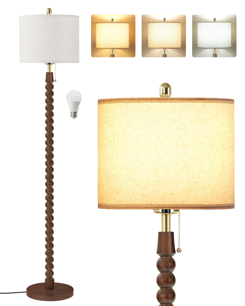 65" Spindle Wood Floor Lamp with Pull Chain, 3CCT, Beaded floor lamp, Walnut