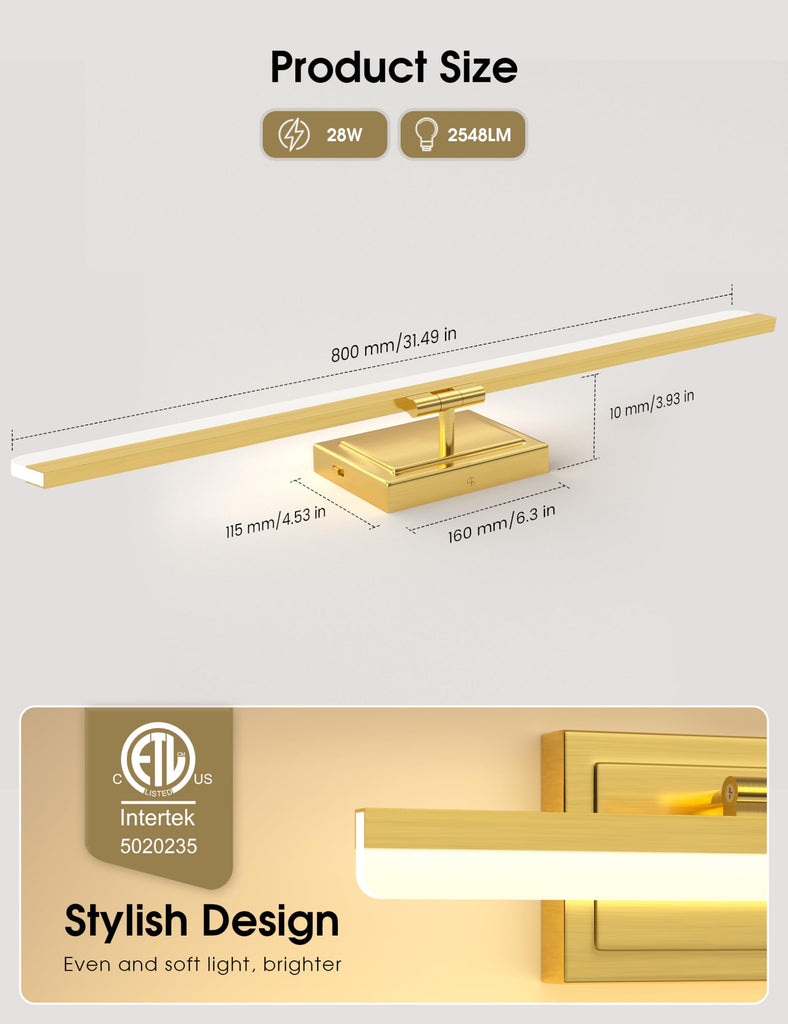 Modern Bathroom Vanity Light 31.5 inch, Rotatable, 28W Dimmable 5CCT Led Bathroom Light Fixture Over Mirror, Gold Bar