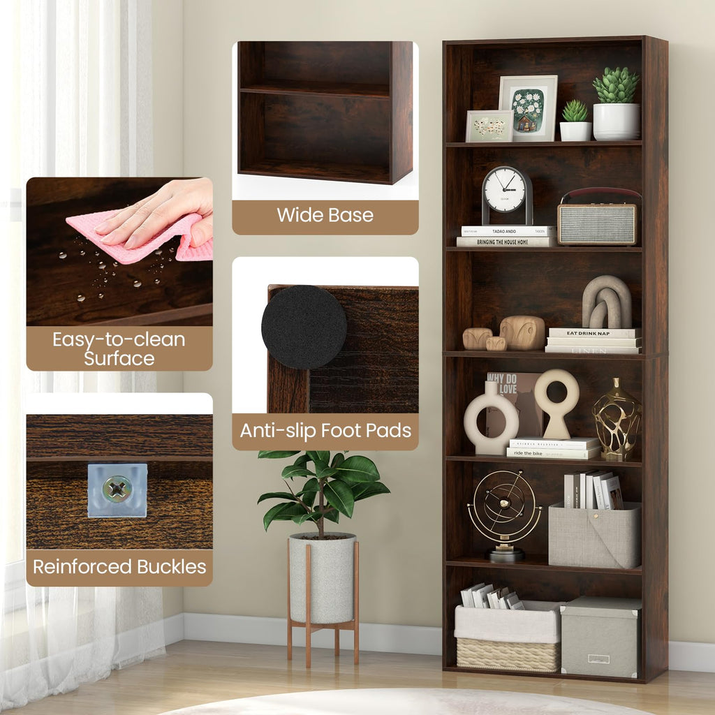 6-Tier Bookcase, 70" Tall Wooden Bookshelf, Freestanding Storage Organizer w/Open Shelves, Anti-Tipping Kits, Modern