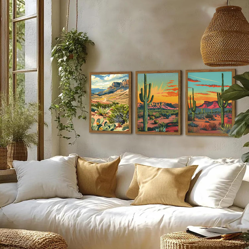 Framed Desert Landscape Wall Art Set of 3, Vintage Mexican Cactus Wall Decor Paintings, Boho Southwestern Mountain