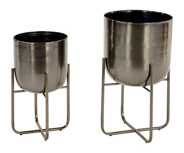Metal Round Planter with Removable Stand, Set of 2 16", 13"H, Black