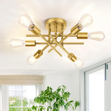 6-Light Gold LED Semi Flush Mount Ceiling Light Fixture, E26 Sockets