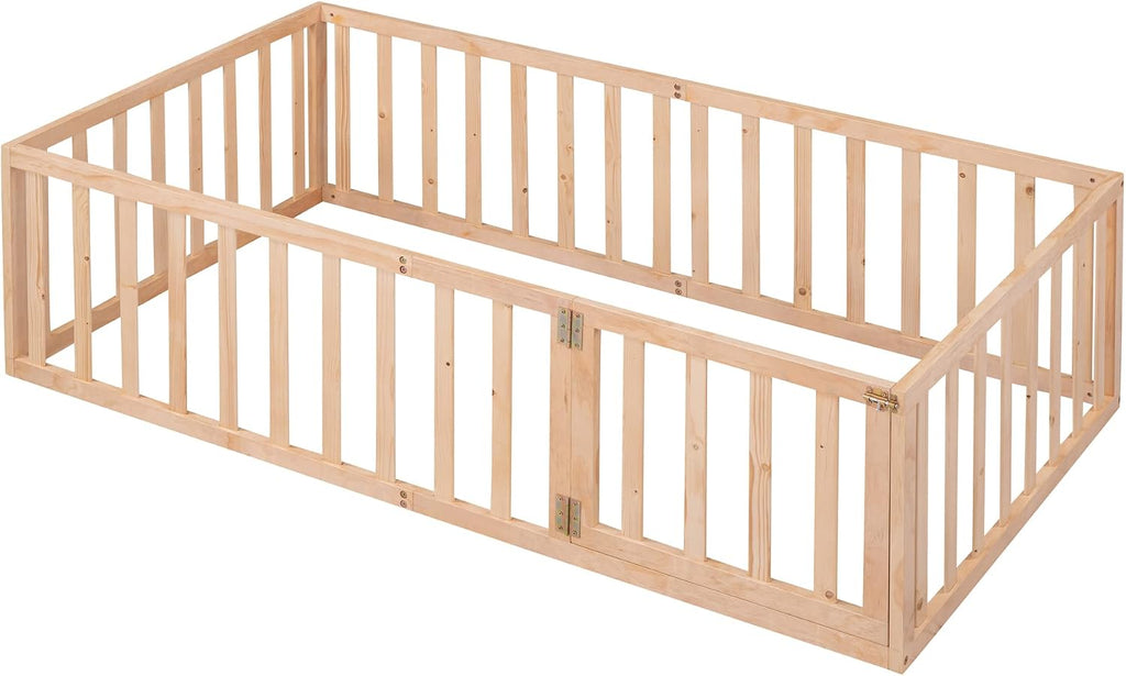 Montessori Floor Bed with 21.7" High Rails, Pine, Plywood Floor Bed with Small Door, Natural