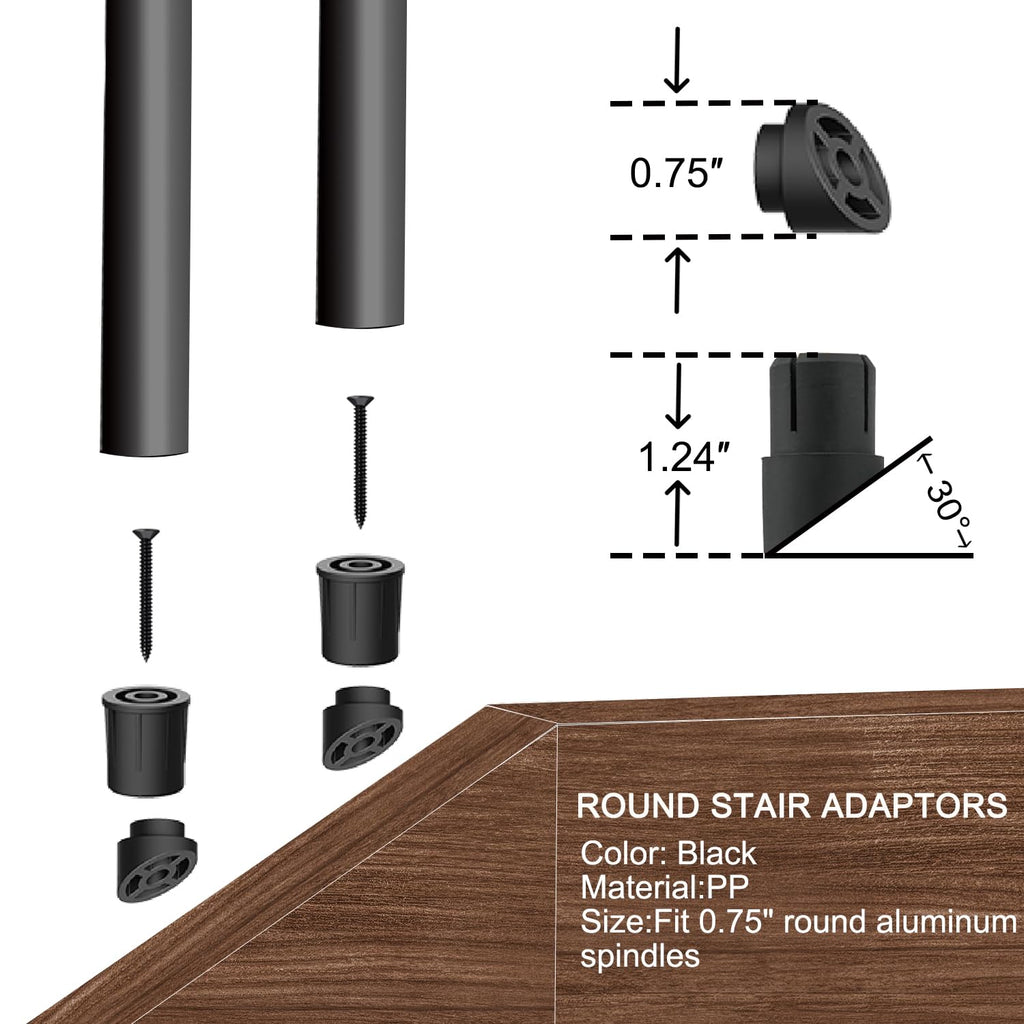 Aluminum Deck Balusters with Anti-UV Black Baluster Connectors, 3/4" Black Aluminum Deck Spindles, Hollow Round
