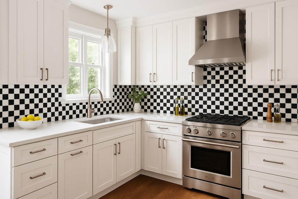 Black and White Checkerboard 1x1 Porcelain Mosaic Tile - Exact 1-1/16 in Chips, Shiny Gloss Finish Floor, Kitchen