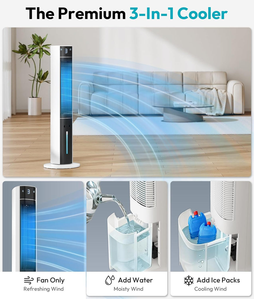 Evaporative Air Cooler - Swamp Cooler with 3L Water Tank, 3 Modes & 3 Speeds, Remote Control, 12H Timer