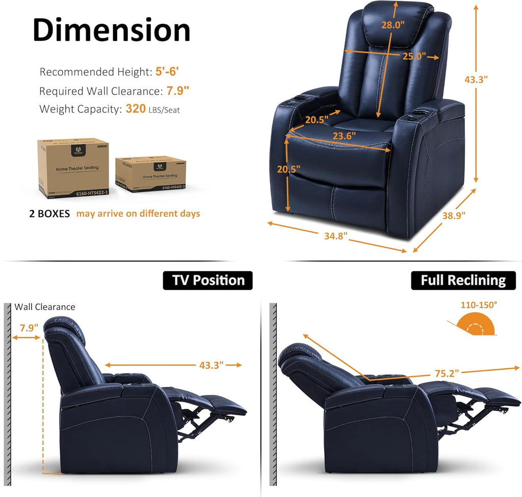 MCombo Dual Motors Leather Recliner with Power Headrest, Home Theater Seating with Armrest Storage HTS422 (Blue)