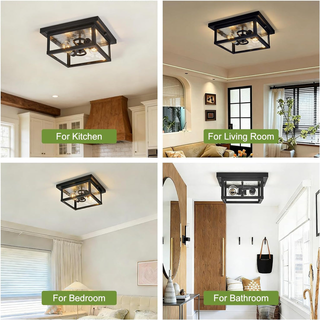 11.5in Outdoor Ceiling Light Fixture, Square Flush Mount Porch Lights, 2-Light, E26-based