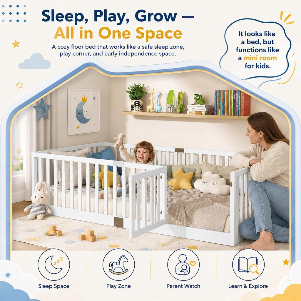Montessori Floor Bed with High Safety Fence, Solid Rubber Wood Kids Floor Bed Frame with Guardrails and 6
