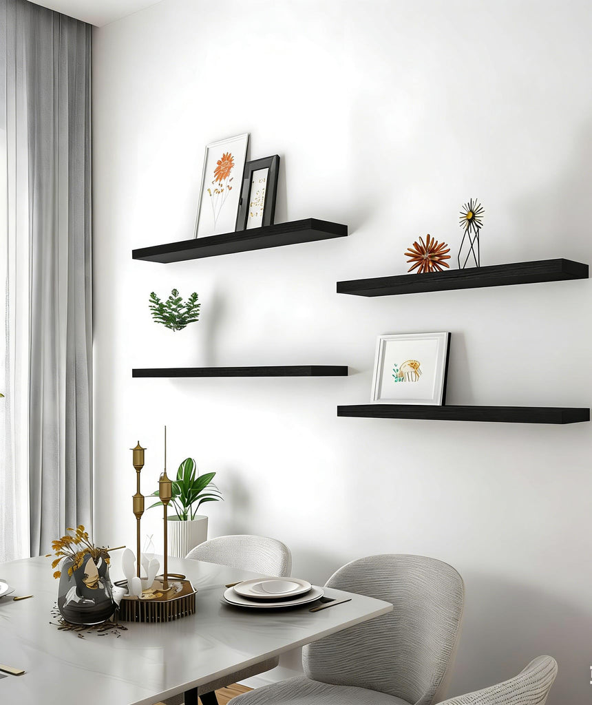 24 Inch Rustic Wood Floating Shelves Farmhouse Wooden Wall Shelves Bedroom Living Room Kitchen Office Set of 4 Black