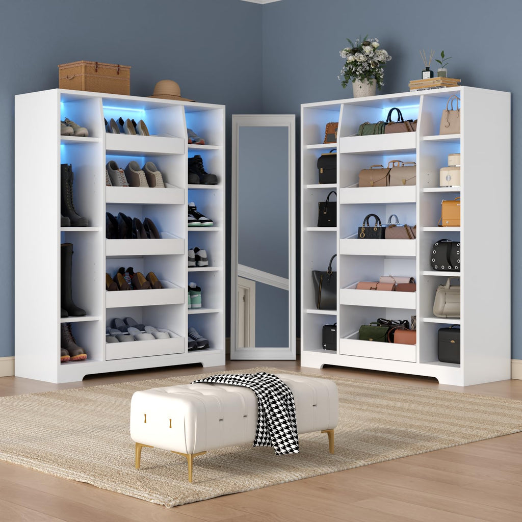 Shoe Storage Cabinet with 5 Storage Drawers, 12 Open Shelves and LED Light