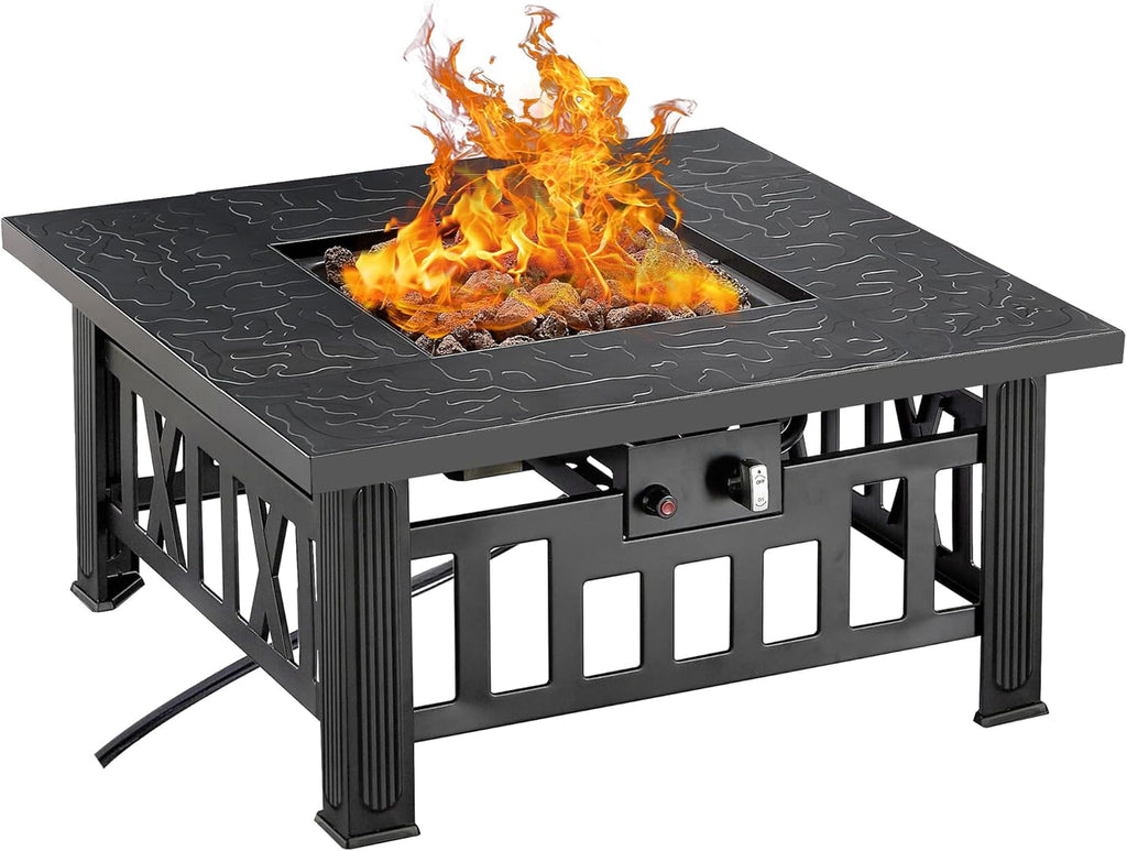 Propane Fire Pit, 30 Inch Outdoor Gas Fire Table, 50,000 BTU Square Firepit with Lid and Lava Rock