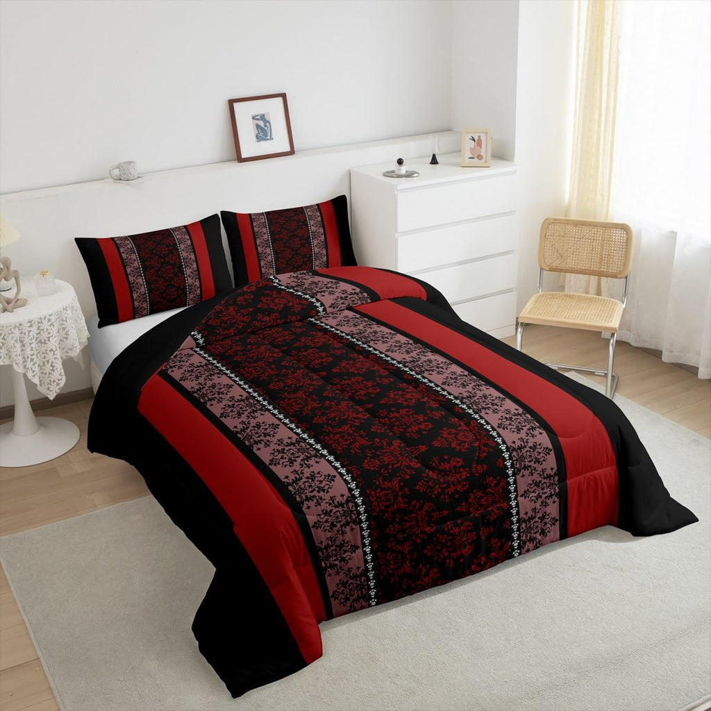 Adult Classic Jacquard Bedding Set Toddle Size Damask Pattern Comforter Set for Boys Girls Black Red Stripe Duvet Set