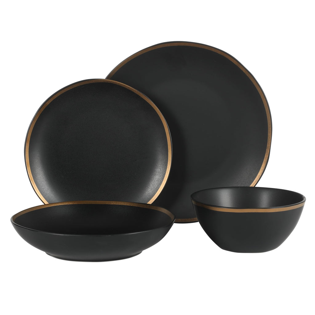 Kings Road Double Plates and Bowl Organic Round Porcelain Dinnerware Set - Matte Black w/Gold Rim