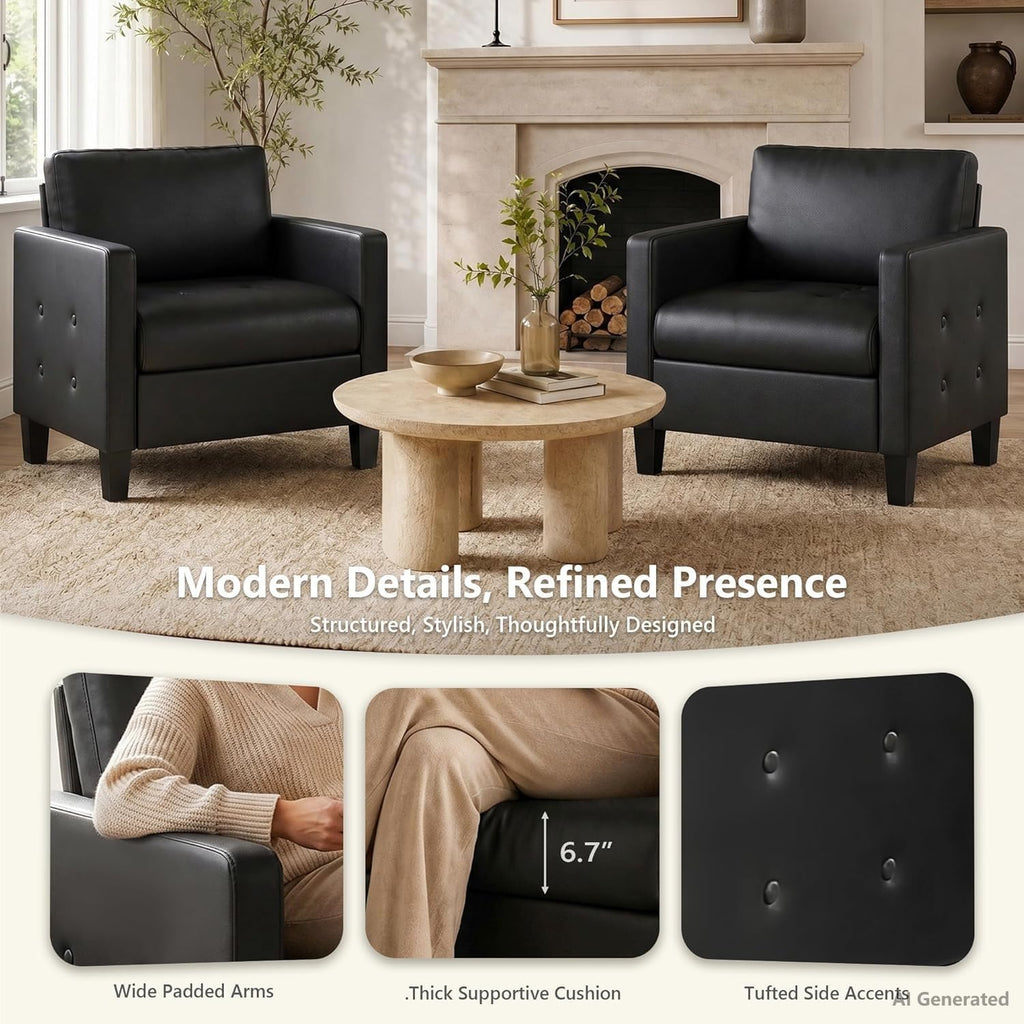 Black Accent Chairs, Faux Leather Living Room Chair - Set of 2