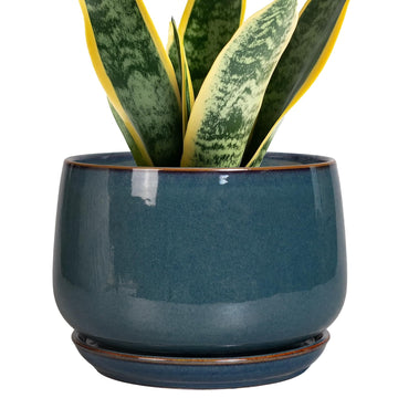Ceramic Pot for Plants - Modern 7 Inch Round Planter with Drainage and Tray Indoor Outdoor for Flower, Porch Decor
