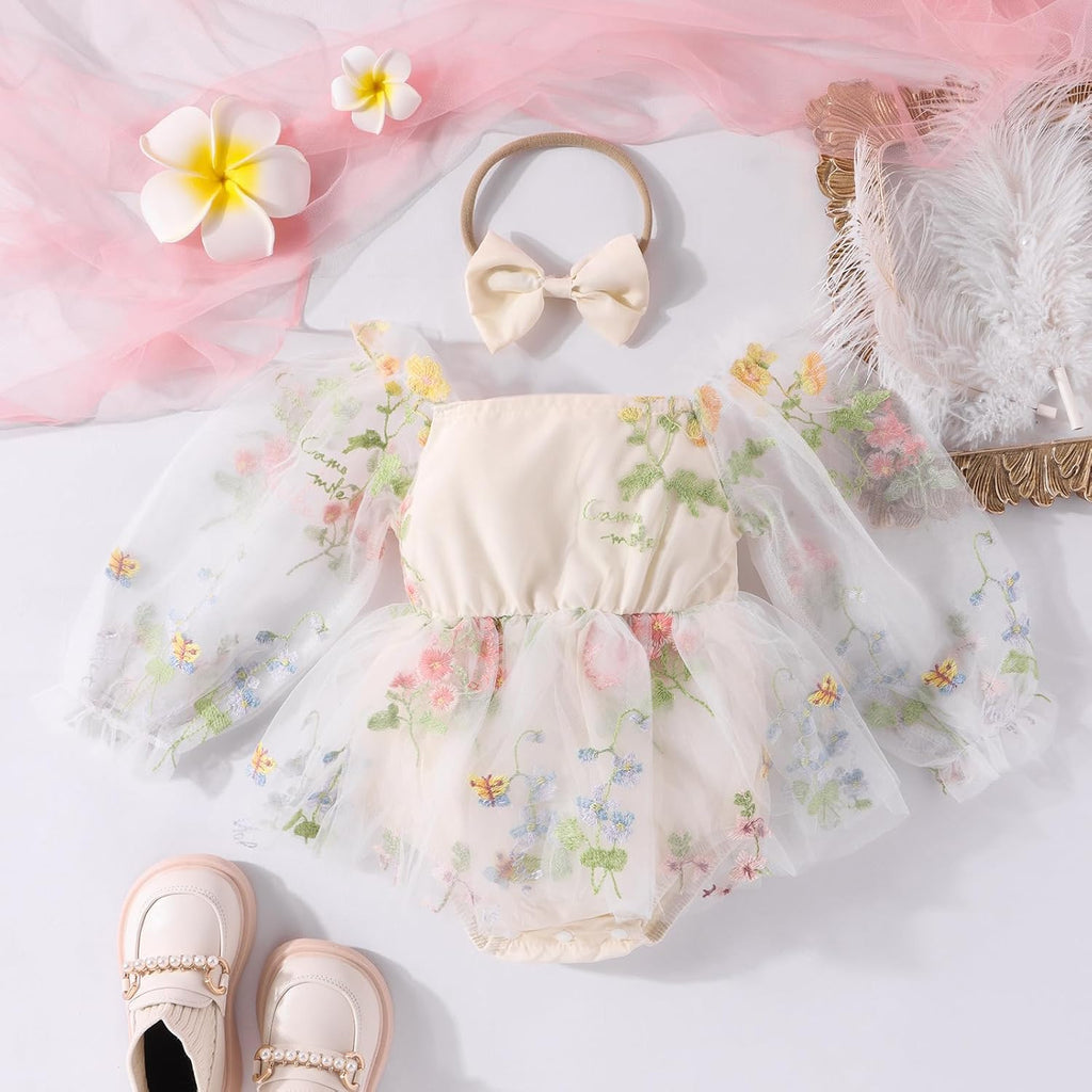 Baby Girl Romper Dress Flower Embroidery Tutu Princess Long Sleeve One-Piece Bodysuit Cake Smash Outfit