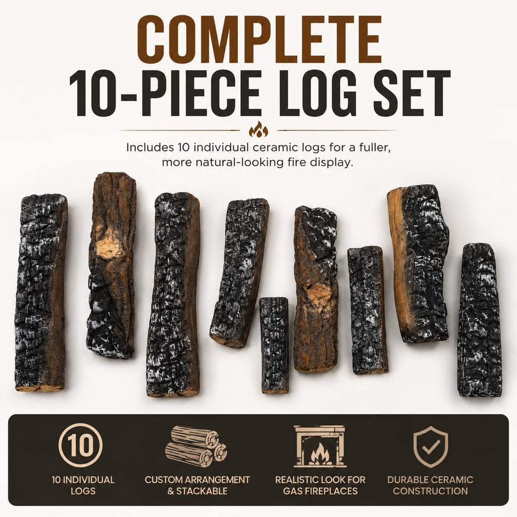10-Piece Ceramic Fireplace Logs, Realistic Stackable Faux Wood Log Set for Gas Fire Pits, Fire Bowls, Fire Tables
