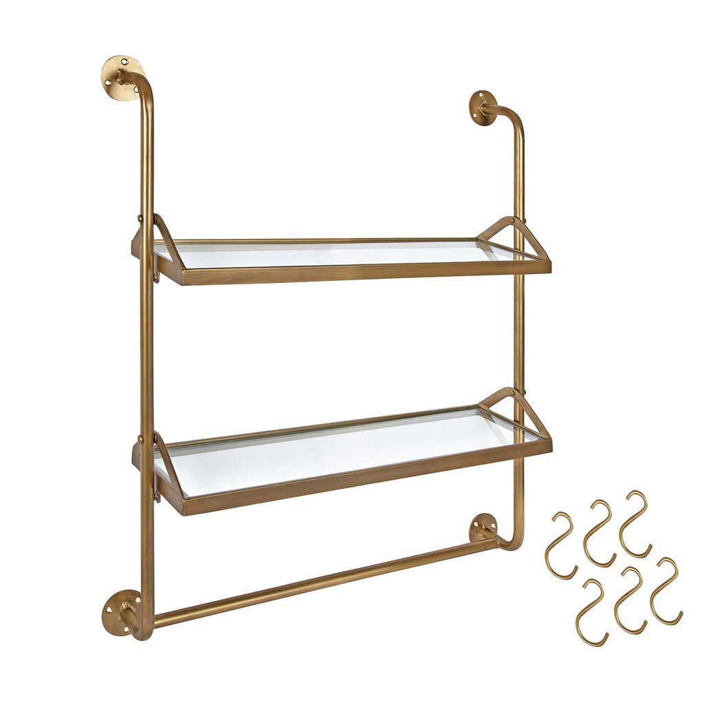 Marit Modern Industrial Wall Shelf with Metal Pipe Supports and Glass Shelves, Gold