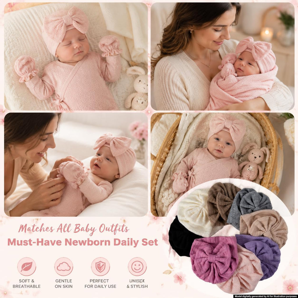 8 Sets Newborn Baby Girl Hats with Bows and Mittens Set for Infants 0