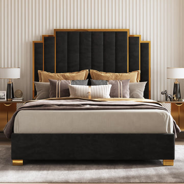 King Size Velvet Upholstered Bed with Gold Trim Headboard, Black